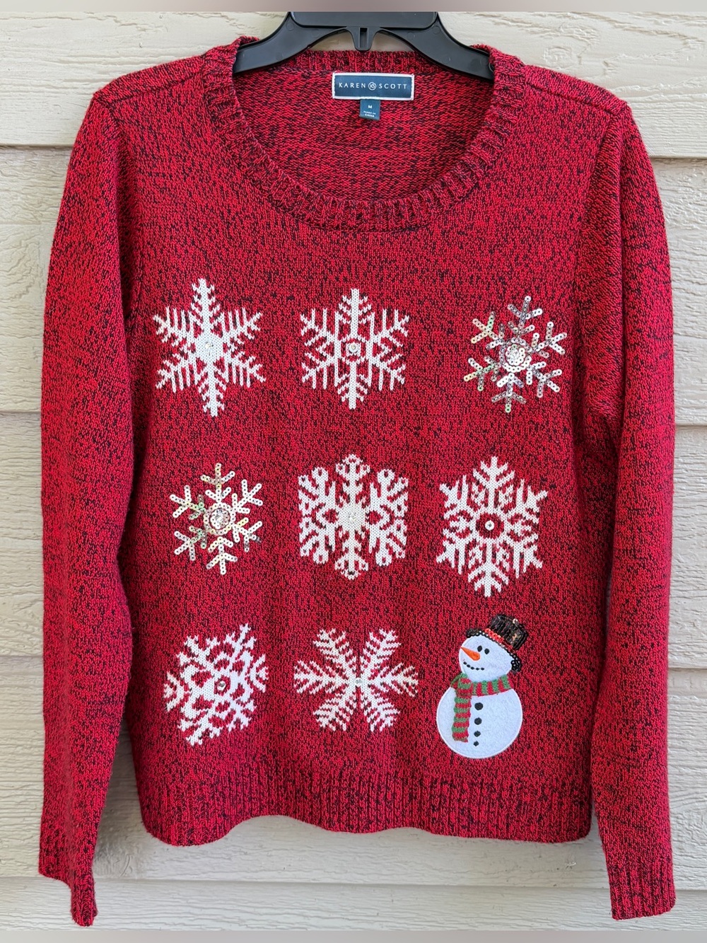 Karen Scott Christmas M Pullover Sweater Red Marled Snowman Snow Snowflake Bling
